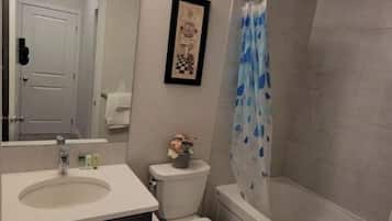 Hair dryer, bidet, towels, soap