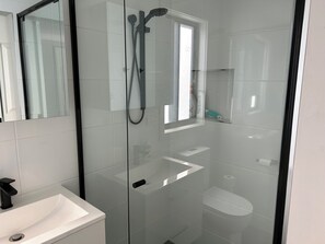 Hair dryer, towels, soap