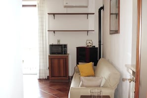 Un salon avec un canapé, un téléviseur, un meuble et une porte.
