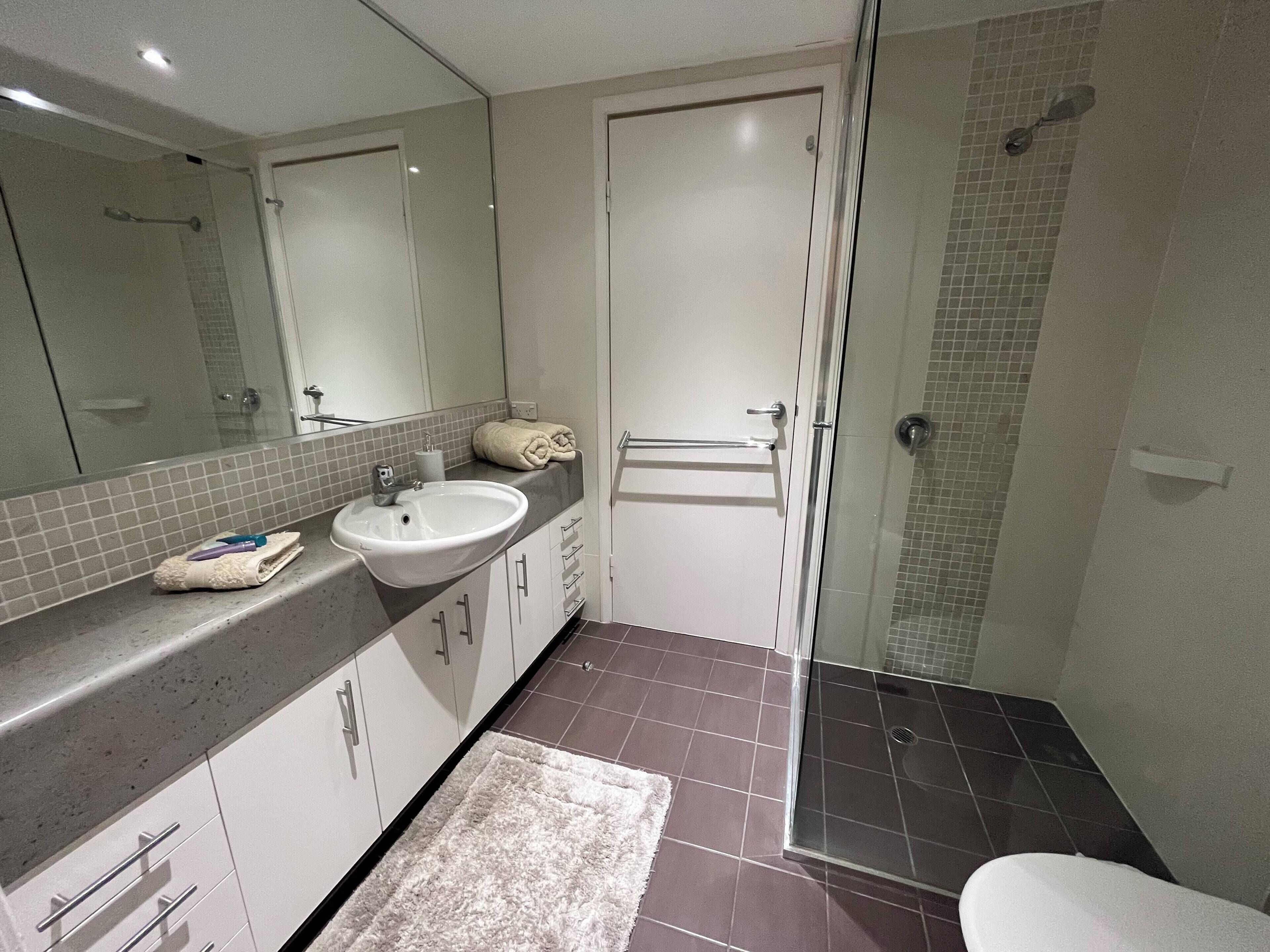 Hair dryer, towels, soap, shampoo