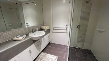Hair dryer, towels, soap, shampoo