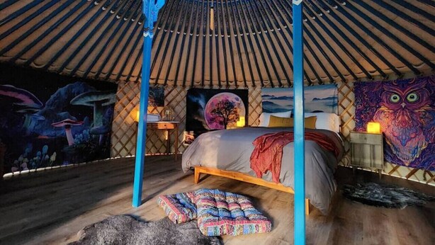 A traditional yurt bedroom with a bed, colorful cushions, and a mural of a tree and owl.