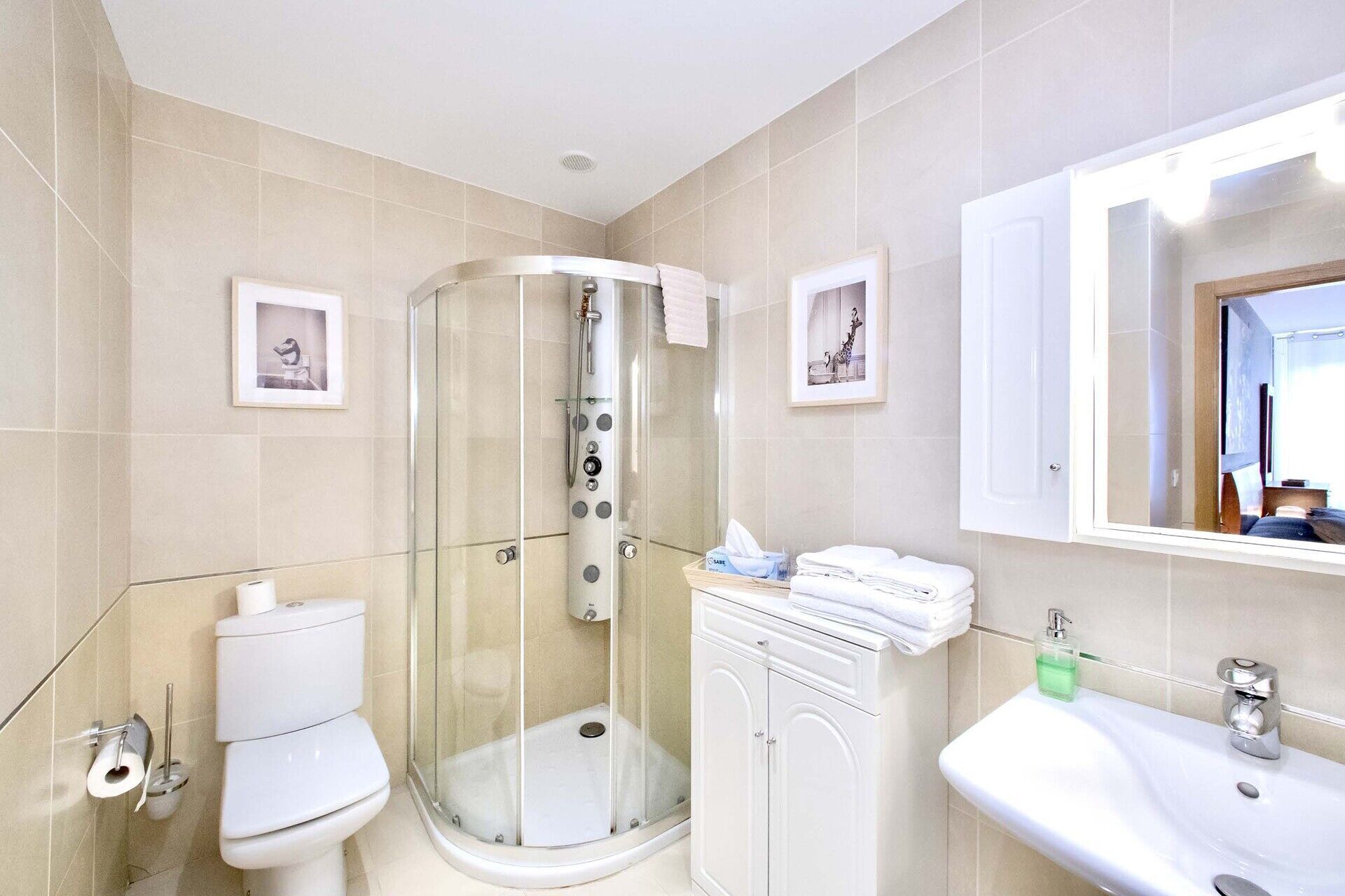 A modern bathroom with a glass-enclosed shower, a toilet, a sink, and a cabinet.