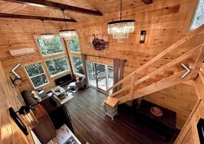 TV, fireplace, DVD player - Boxcar Cabin | Hot Tub, Fire Pit, Train-Theme Stay (Stanton)