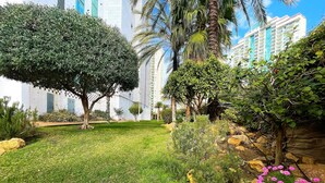 Un jardín bien cuidado con diversas plantas y flores, un césped y un muro de piedra.