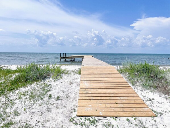 On the beach, sun loungers