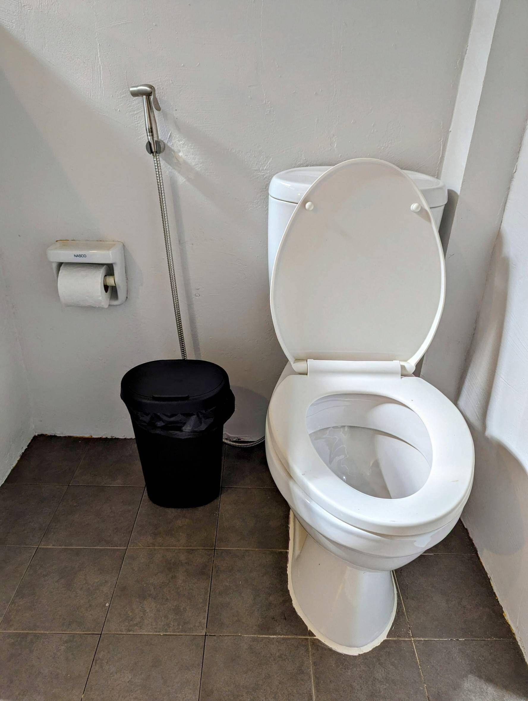 Un baño con inodoro blanco, un cubo de basura negro y un dispensador de papel higiénico en la pared.