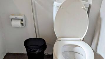Un baño con inodoro blanco, un cubo de basura negro y un dispensador de papel higiénico en la pared.