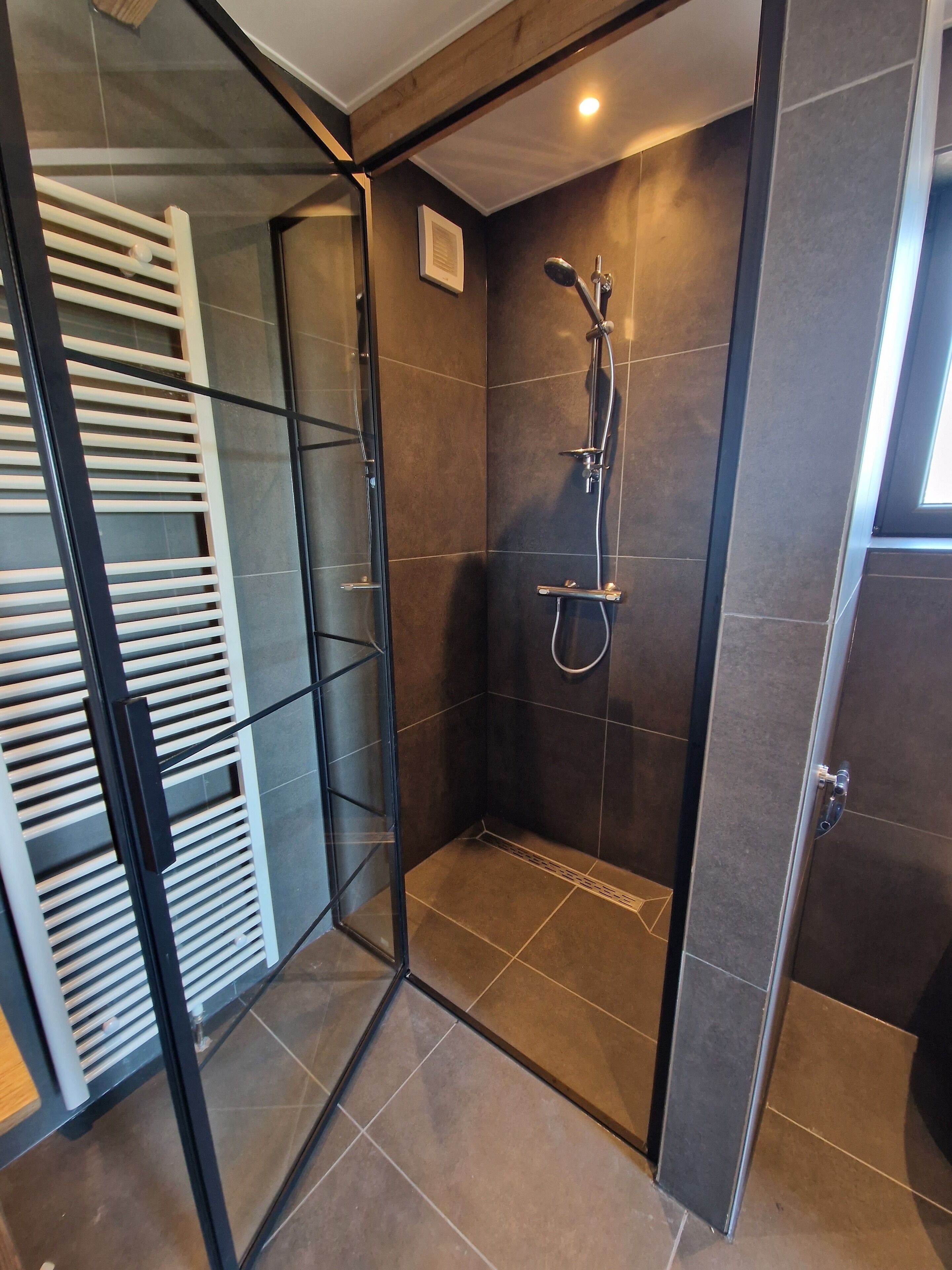 Shower, towels, soap, toilet paper