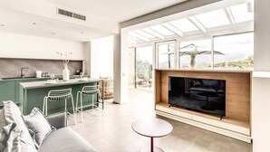 Ein modernes Wohnzimmer mit Kamin, einem Essbereich mit Barhocker und einer Küche mit Bar.
