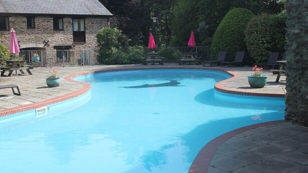 A swimming pool with a stone building in the background, surrounded by potted plants and umbrellas.