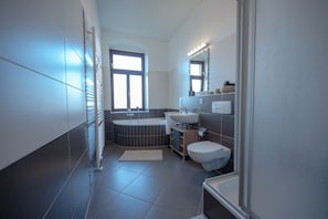 Hair dryer, towels, toilet paper
