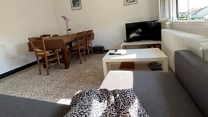 Ein Wohnzimmer mit einer Couch, einem Esstisch mit Stühlen, einem Fernseher und einem Fenster mit Jalousien.
