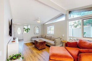 Smart-tv, eldstad, böcker och ett musikbibliotek