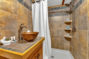 Shower, towels, soap, shampoo