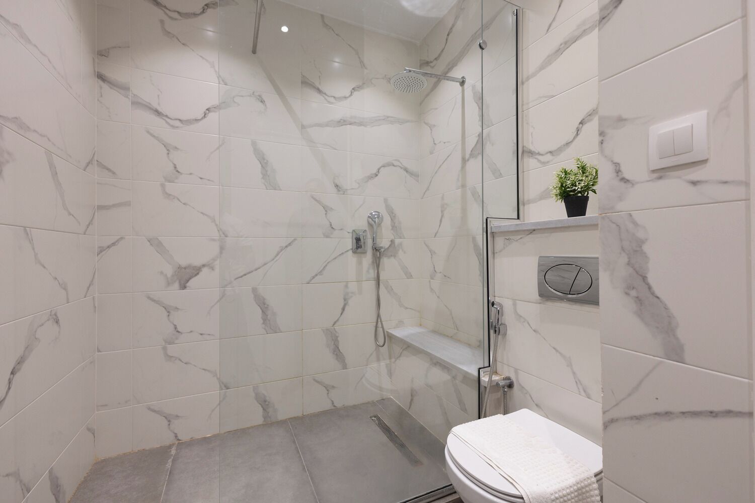 Une salle de bain moderne avec des murs en marbre, une douche en verre, des toilettes et une petite étagère sur laquelle est posée une plante.