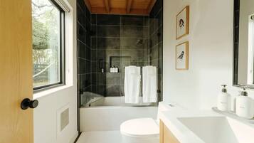 Hair dryer, towels, soap, toilet paper