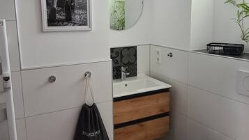 Hair dryer, towels, soap, shampoo