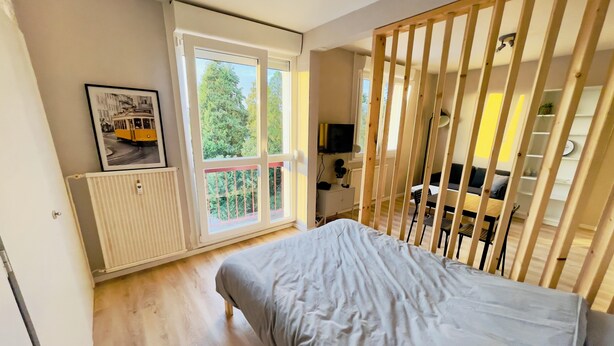 Une chambre à coucher avec un lit, un radiateur, une fenêtre donnant sur des arbres et un téléviseur posé sur un meuble.