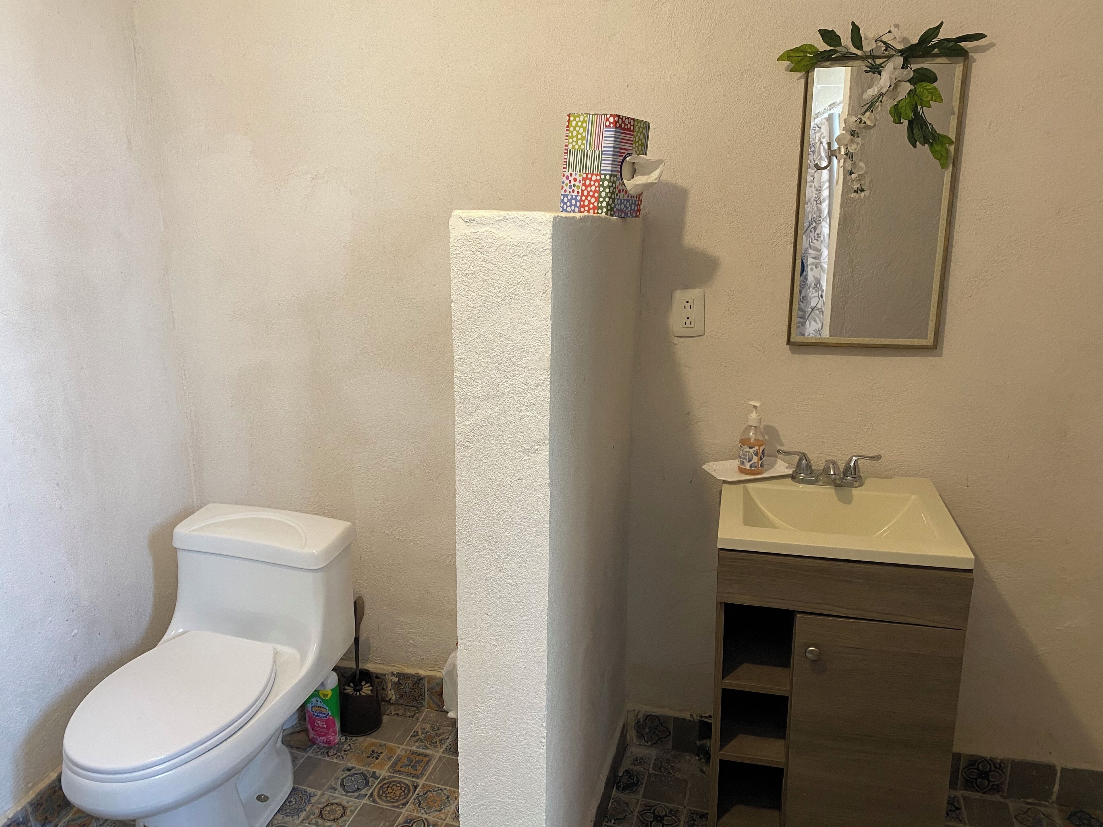 Hair dryer, towels, soap, shampoo