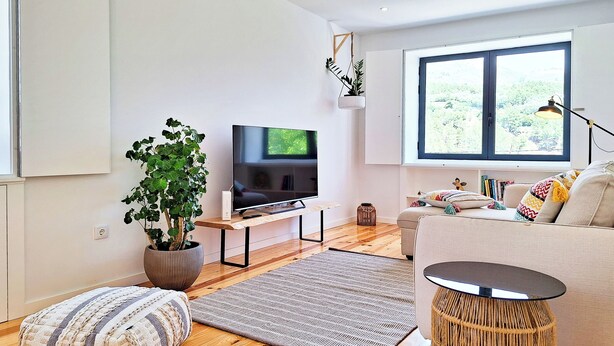 A modern living room with a flat-screen TV, a large window, a sofa, a coffee table, and a potted plant. - Duplex com Jacuzzi, Terraço, & Bbq. Vista Serra (Covilhã)