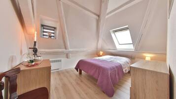 1 bedroom, desk, iron/ironing board, travel cot