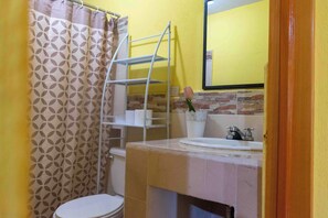 Hair dryer, towels, soap, toilet paper