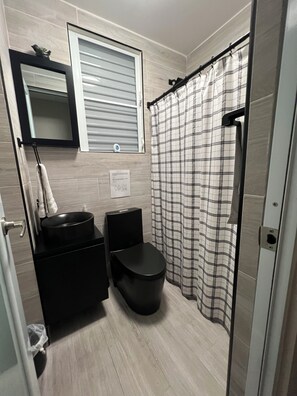 Regadera, toallas, jabón, shampoo 