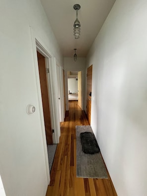 A hallway with wooden flooring, white walls, a ceiling light, and a rug.