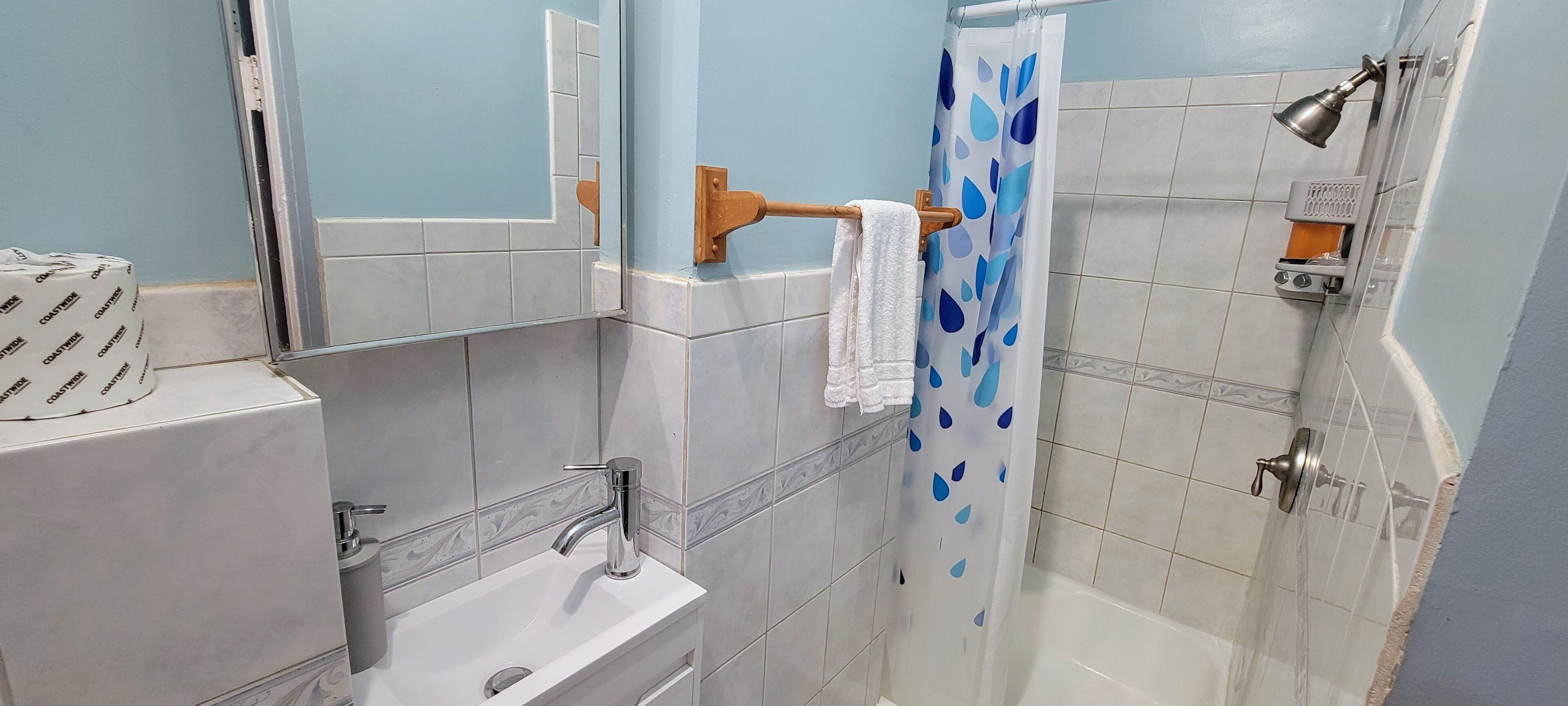 Ducha, secador de pelo, toallas, jabón