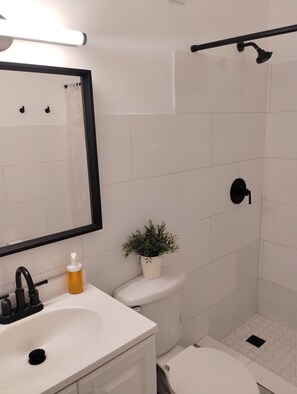 Chuveiro, secador de cabelo, bidê, toalhas de banho