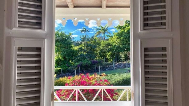 A view through a window with white shutters, revealing a lush garden with various plants and flowers, a wooden ceiling, and a clear blue sky. - Charming Nevis Cottage with pool and ocean view on grounds of Hermitage Inn (Gingerland)
