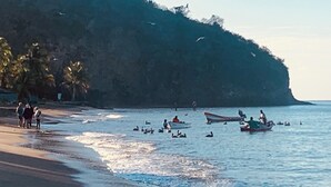 A beach with boats and people on the water, a sandy shore, and a cliff with vegetation. - Bungalow Avec vue Dans Lieu Calme (Le Carbet)