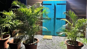 A blue wooden door with a metal gate, surrounded by potted plants on gravel. - Bungalow Avec vue Dans Lieu Calme (Le Carbet)