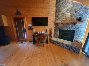 Smart TV, fireplace, DVD player, books