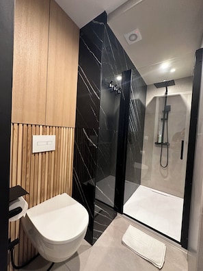 Hair dryer, towels, soap, toilet paper