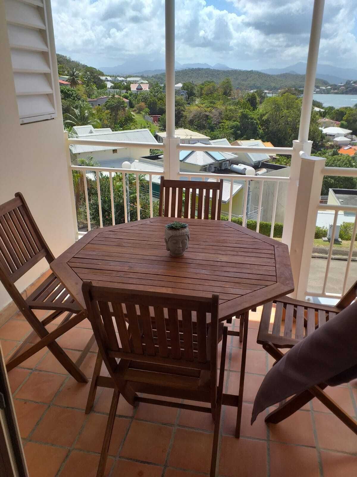 A round wooden table with four chairs, a small potted plant, and a view of a residential area with houses and mountains in the background.