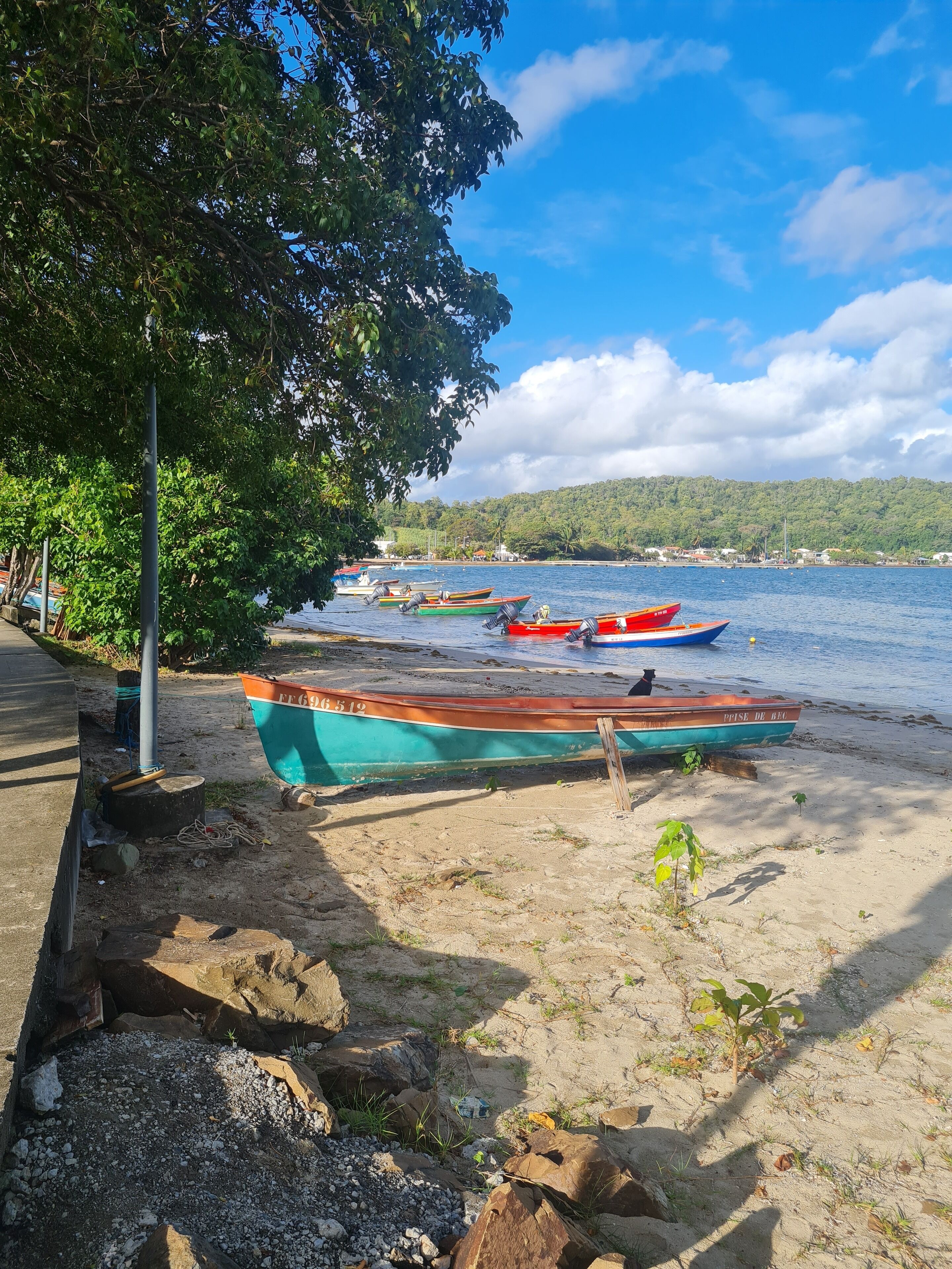 A beach with several boats moored on the sand, a clear sky, and a distant view of a hill with vegetation.