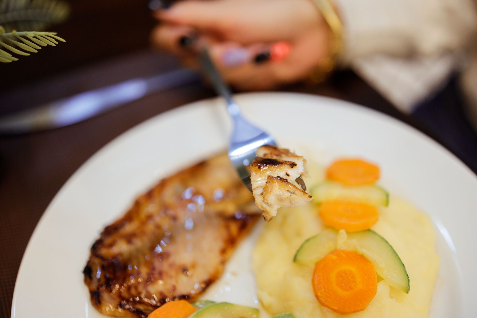 A plate with grilled meat and vegetables.
