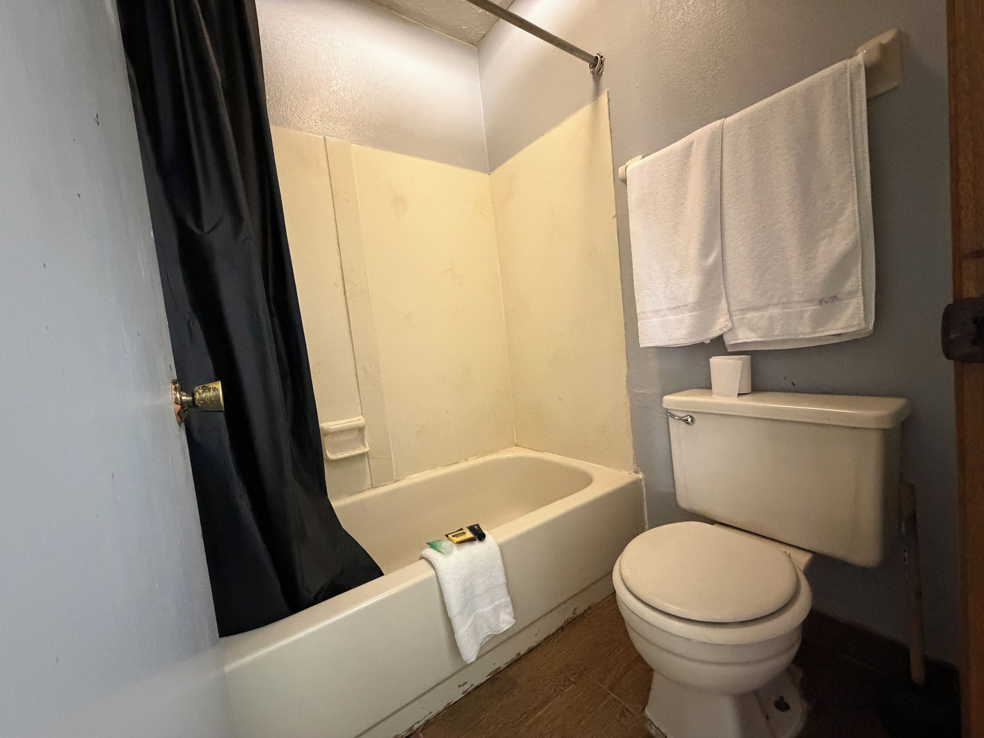A bathroom with a bathtub, toilet, and a shower curtain.