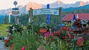 Een bord met de tekst 'Biergarten und Tanzboden', omgeven door een tuin met verschillende planten en bloemen.
