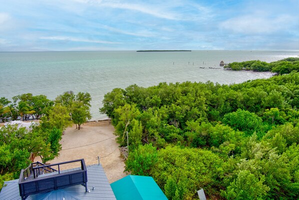 Vista costera con playa, abundante vegetación y una isla distante.