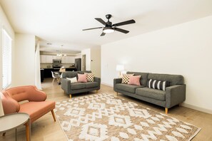 Smart TV, fireplace, video games, table football