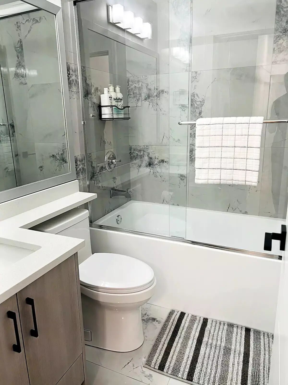 Hair dryer, towels, soap, shampoo