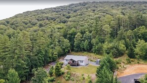 Une maison entourée d’une forêt dense, avec une allée menant à la porte d’entrée.