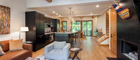 Smart TV, fireplace, books, music library
