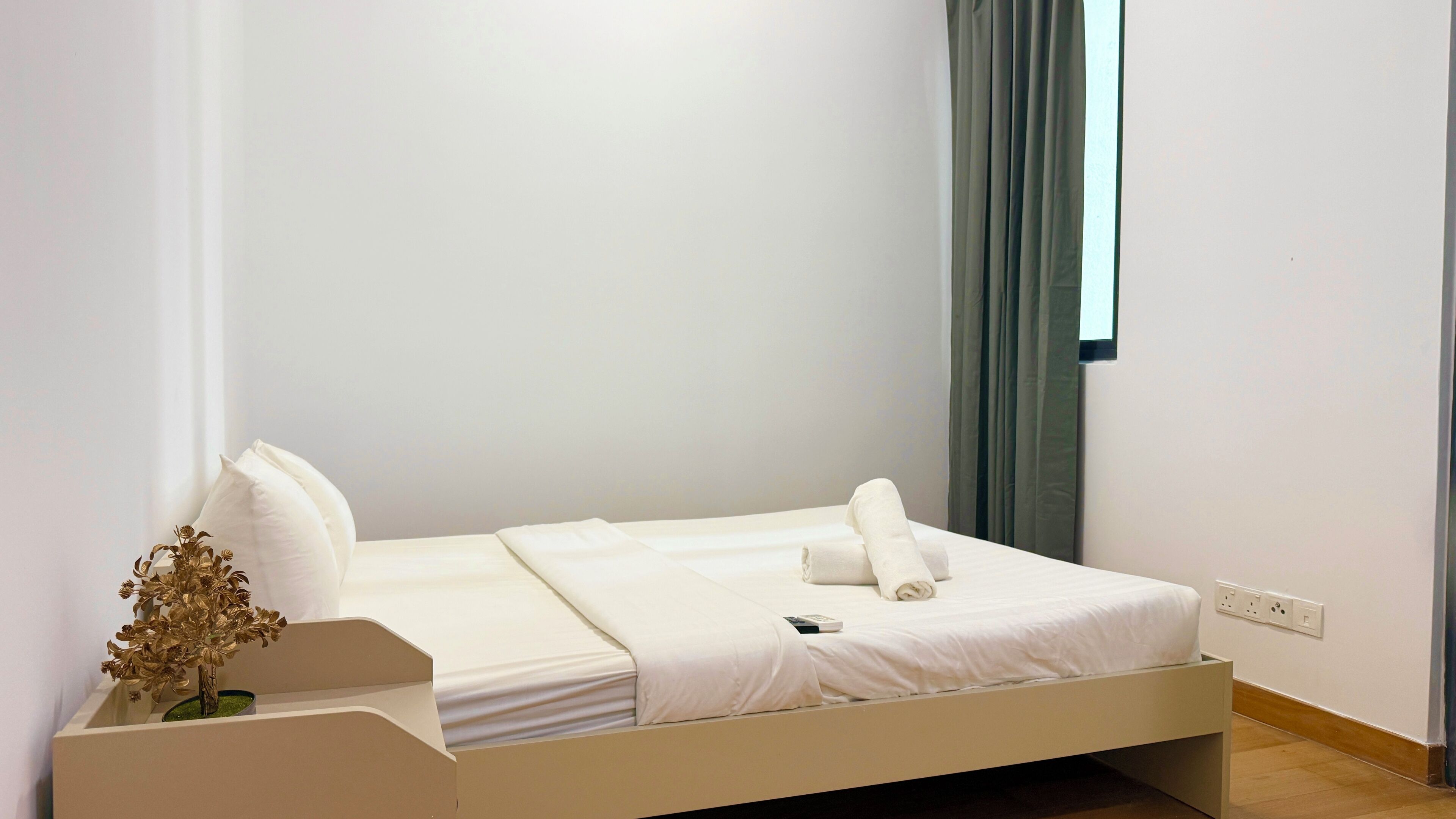 A single bed with white bedding, a small bedside table with a decorative plant, and a window with curtains.