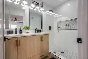Hair dryer, towels, soap, shampoo