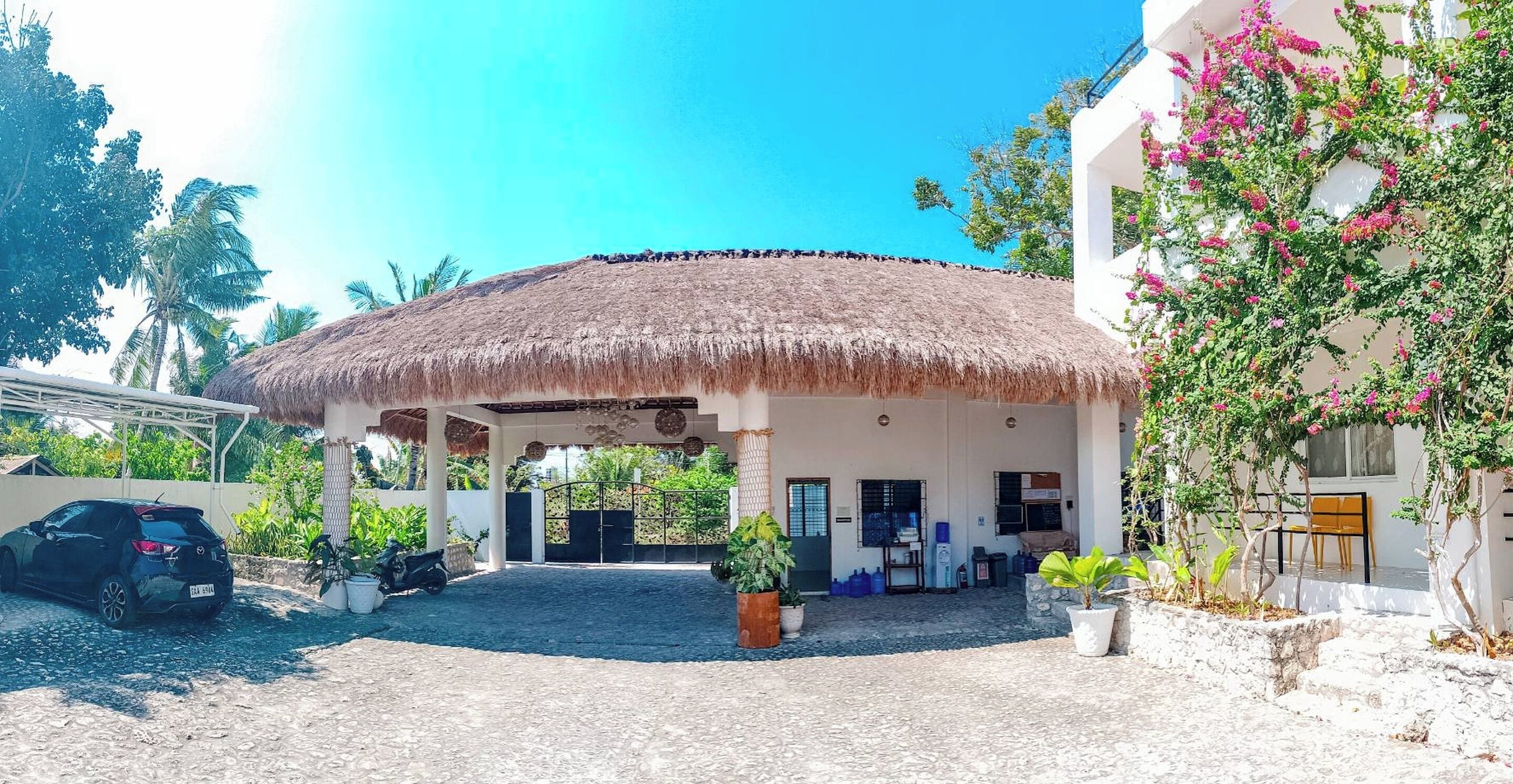 A covered outdoor area with a thatched roof, potted plants, and a white building with pink flowers.