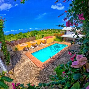 A swimming pool with lounge chairs and umbrellas, surrounded by greenery and a clear blue sky. - Divers Lodge Plumeria (Moalboal)